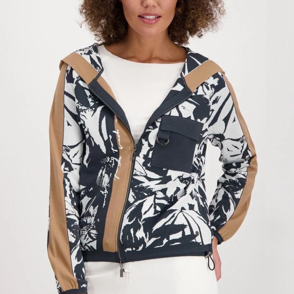 Monari Floral Print Zip Up Hooded Cardigan, Grey Multi sz38 (fits like L…